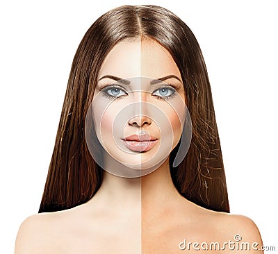 Woman with tanned skin before and after tan Stock Photo