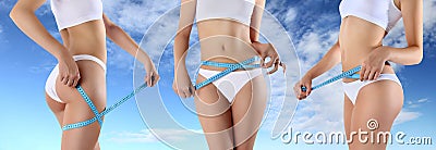 Woman tape meter on buttocks and belly concept of lightness Stock Photo