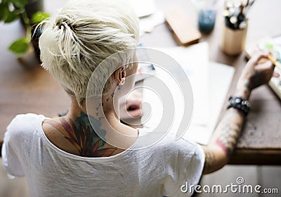 Woman with Tattoo Painting Water Color Art Work Hobby Leisure Re Stock Photo