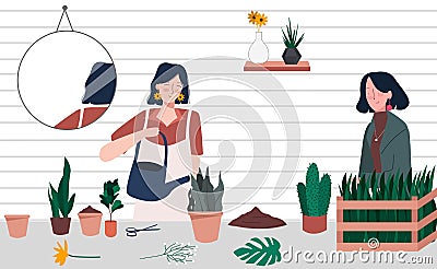 Woman teach her friend to take good care of indoor plants. Gardening planter and potted cactus Vector Illustration