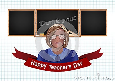 Woman teacher on a background of black chalkboard Vector Illustration