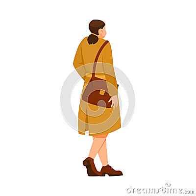 Woman Teacher Character in Coat with Bag on Shoulder Walking Back View Vector Illustration Vector Illustration