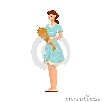 Woman Teacher Character Standing with Bouquet of Flowers Vector Illustration Vector Illustration