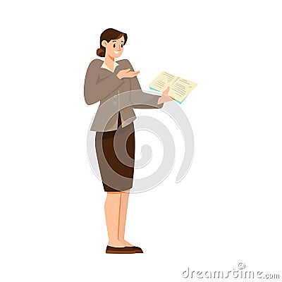 Woman Teacher Character Standing with Copybook and Explaining Something Vector Illustration Vector Illustration