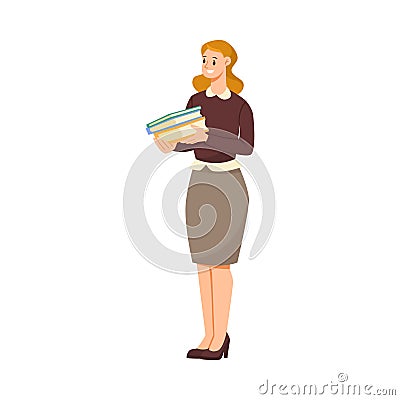 Woman Teacher Character Standing with Pile of Books Vector Illustration Vector Illustration