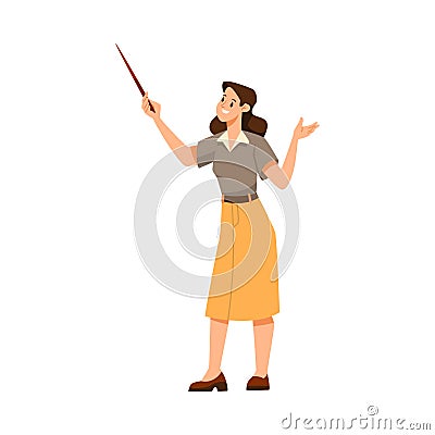 Woman Teacher Character Standing with Pointer and Explaining Something Vector Illustration Vector Illustration