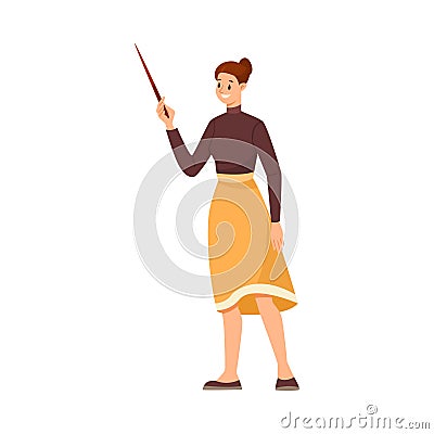 Woman Teacher Character Standing with Pointer and Explaining Something Vector Illustration Vector Illustration