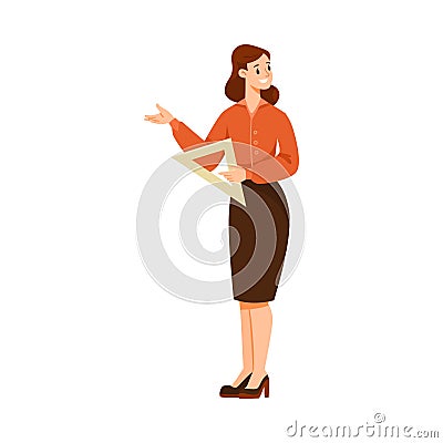 Woman Teacher Character Standing with Triangle Ruler and Explaining Something Vector Illustration Vector Illustration