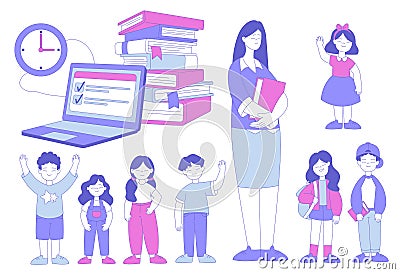 Woman Teacher and Children with Books and Laptop Standing and Greeting Vector Set Stock Photo