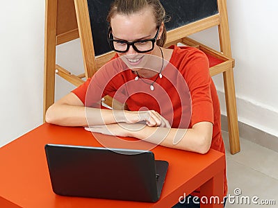 Woman Teacher Conducts Training Online Stock Photo