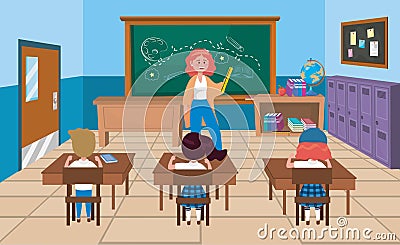 Woman teacher with girls and boy students with books Vector Illustration