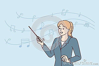 Woman conductor musical orchestra with pointer in hand stands near notes on wavy line. Vector image Vector Illustration