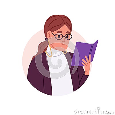 Woman teacher reading book, head portrait. Female student face in glasses, user profile. Smart lawyer, expert in Vector Illustration