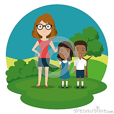 Woman teacher with students in the park Vector Illustration