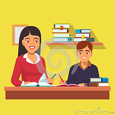 Woman teacher tutor tutoring boy kid at home Vector Illustration