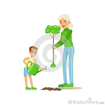 Woman Teaching Kid To Plant The Tree , Contributing Into Environment Preservation By Using Eco-Friendly Ways Vector Illustration
