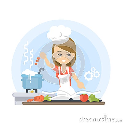 Woman teaching to cook. Vector Illustration