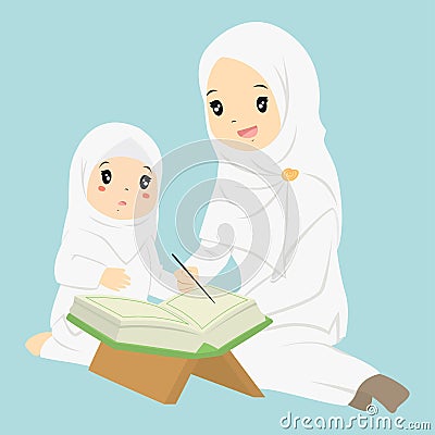Muslim Girl Reading Quran Vector Vector Illustration