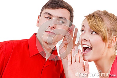 Woman telling man some secrets, couple talking Stock Photo