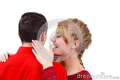 Woman telling man some secrets, couple talking Stock Photo