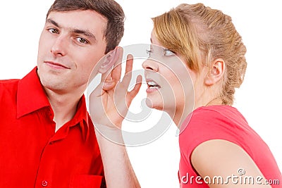 Woman telling man some secrets, couple talking Stock Photo