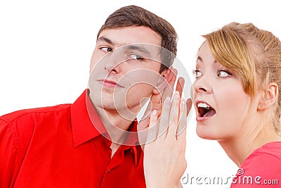 Woman telling man some secrets, couple talking Stock Photo