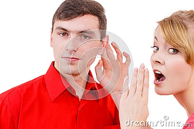 Woman telling man some secrets, couple talking Stock Photo