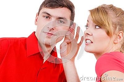 Woman telling man some secrets, couple talking Stock Photo