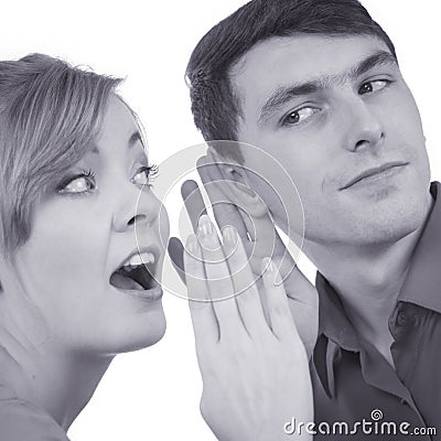 Woman telling man some secrets, couple talking Stock Photo