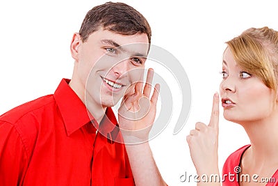 Woman telling man some secrets, couple talking Stock Photo