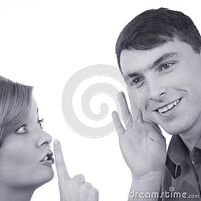 Woman telling man some secrets, couple talking Stock Photo