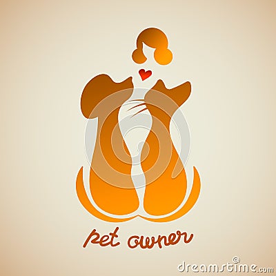 A woman tenderly holding her dog and a cat. Silhouette of girl with negative space pets and lettering pet owner. Vector Illustration