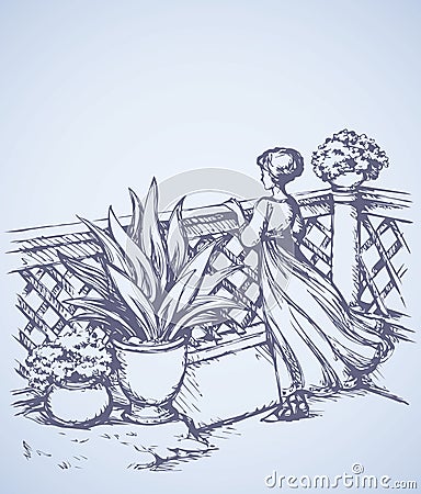 Woman on terrace. Vector drawing Vector Illustration