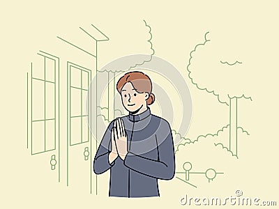 Woman in thai national clothes says hello standing at entrance to old asian temple Vector Illustration