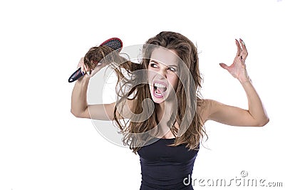 Woman with thick brown tangled hair try to comb hairs but fail. hair healt concept. Stock Photo