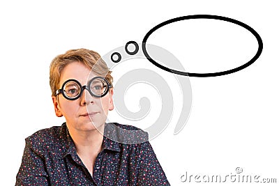 Woman thick glasses thought bubble Stock Photo