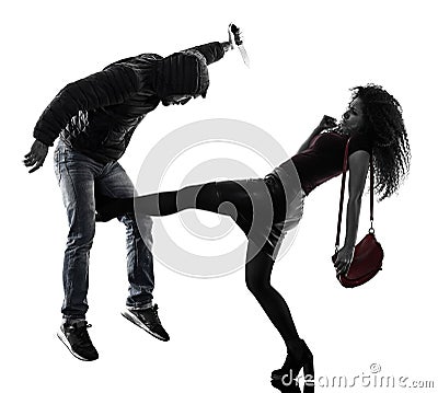 Woman thief aggression self defense isolated Stock Photo