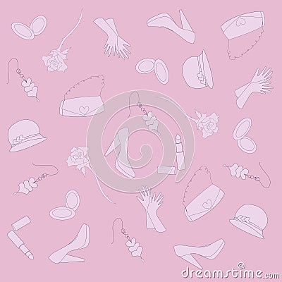 Woman things. Shoes, hat, mirror, rose, lipstick, earrings Vector Illustration