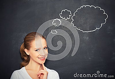 Woman think at blank blackboard Stock Photo