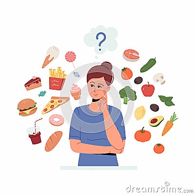 Woman think about healthy and unhealthy food. Vector illustration of young woman surrounded by fruits and vegetables Cartoon Illustration