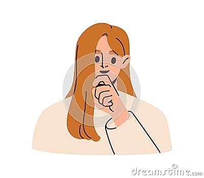 Woman thinking about curious thought, idea. Interested female character touching chin, planning, contemplating Vector Illustration