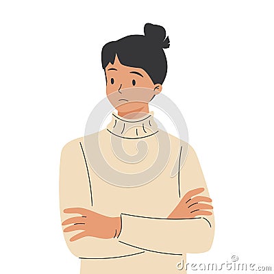 Woman thinking, doubting with sceptical pensive face expression. Thoughtful annoyed person wondering Vector Illustration
