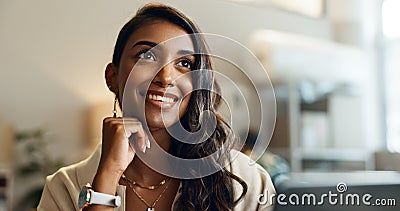 Woman, thinking and planning in small business for future, goals and ideas for growth of company. Indian, employee or Stock Photo