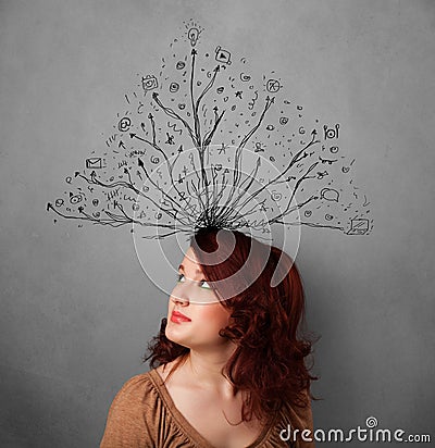 woman thinking with tangled lines coming out of her head Stock Photo