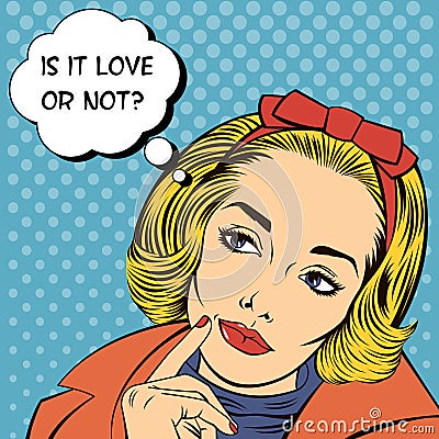 Woman Thinking. Woman in Love. Pretty Girl. Woman Doubts Vector Illustration