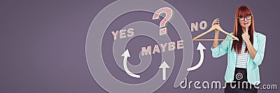 Woman thinking with Yes No Maybe with arrows graphic in background Stock Photo
