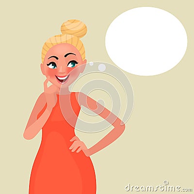 Woman thinks. A good idea and a speech bubble. Cartoon Illustration