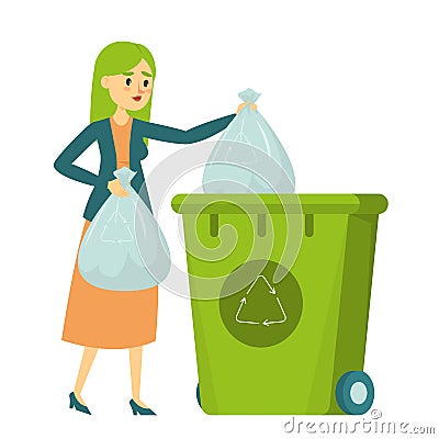 Woman throw garbage in a trash bin Stock Photo