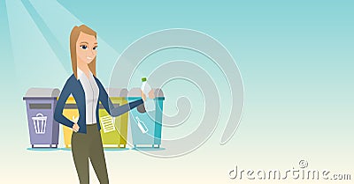 Woman throwing away plastic bottle. Vector Illustration