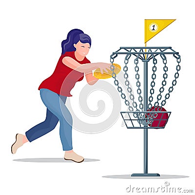 Woman throwing a frisbee disc to the basket. Vector Illustration